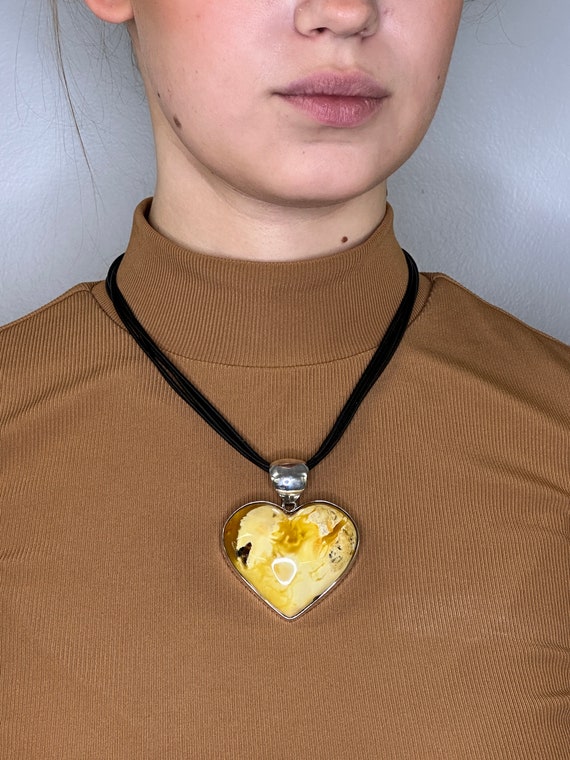 Vintage Sterling Silver Yellow Amber Heart Neckla… - image 10