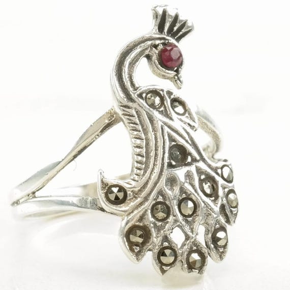 Art Deco Sterling Silver Ring, Ruby Marcasite Pea… - image 3