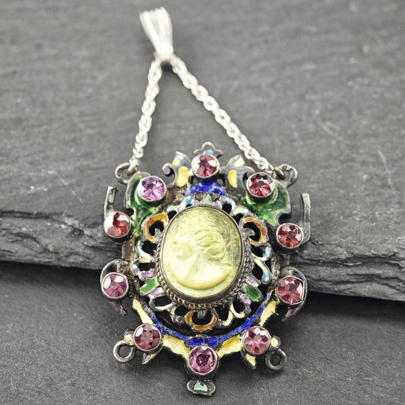 Vintage emaljpyropgranat lavasten cameo sterlingsilver flerfärgat hänge bild 1