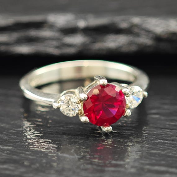 Sterling Silver Ring: Lab Ruby Center Stone - Siz… - image 1
