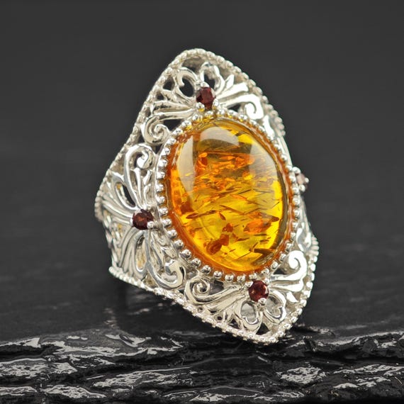BBJ Amber, Ruby Ring Sterling Silver Filigree Sz … - image 6