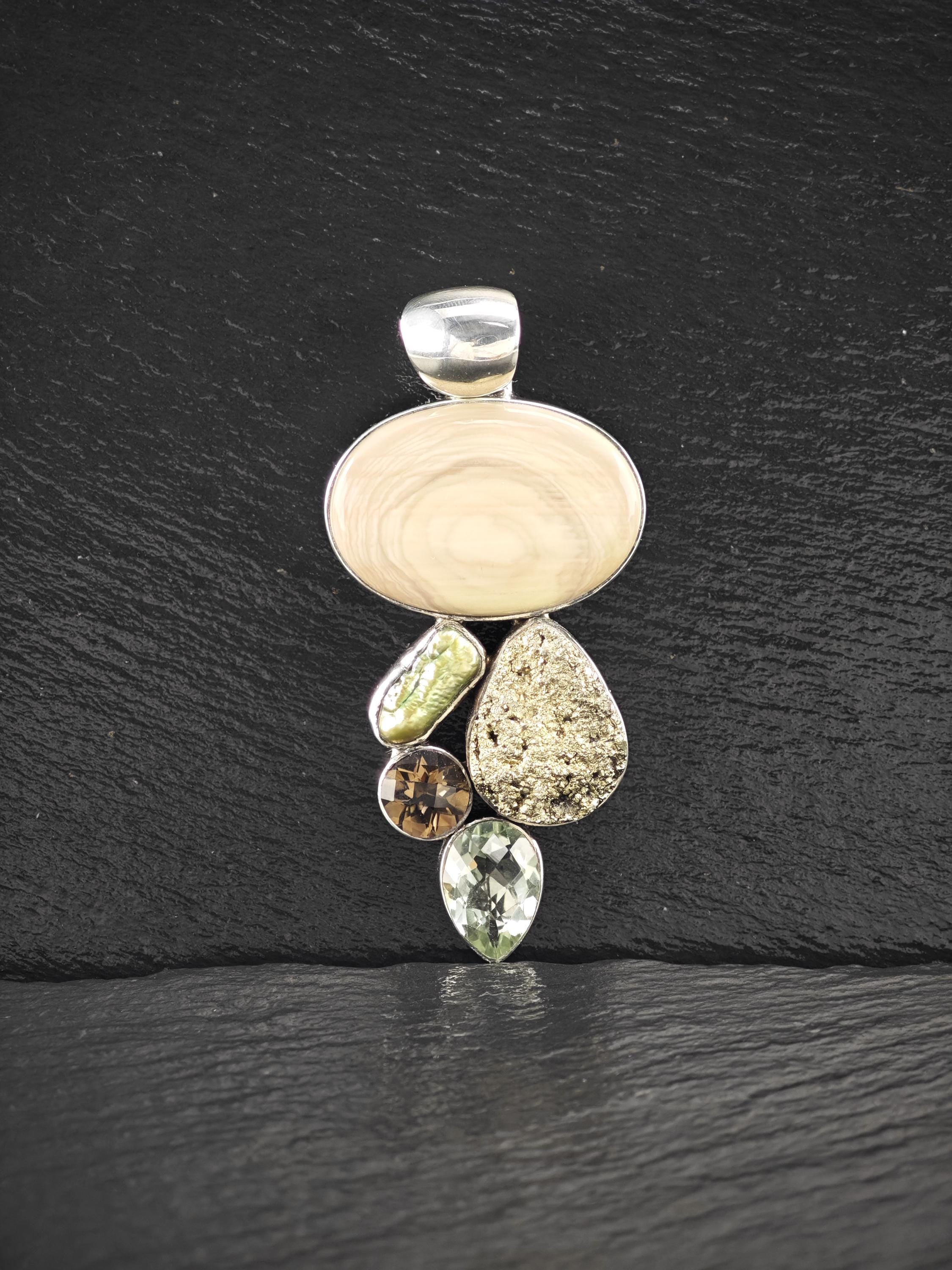 Pendentif Vintage En Argent 925 Massif Avec Pierres De Couleur - Bijou Ancien Occasion