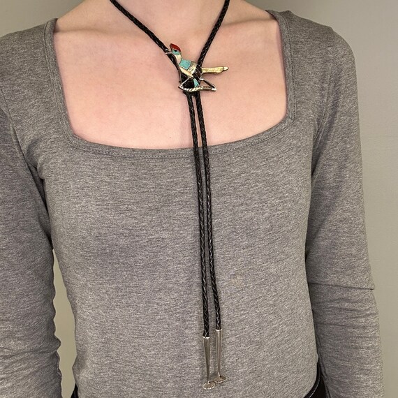 Best Vintage Native American Zuni Blue Gem Turquoise Sterling Silver Roadrunner Bolo Tie Best Vintage Native American Zuni Blue Gem Turquoise Sterling Silver Roadrunner Bolo Tie