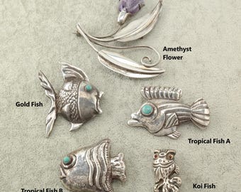 Choice Taxco Pre Eagle Sterling Silver Brooch Fish Flower Amethyst
