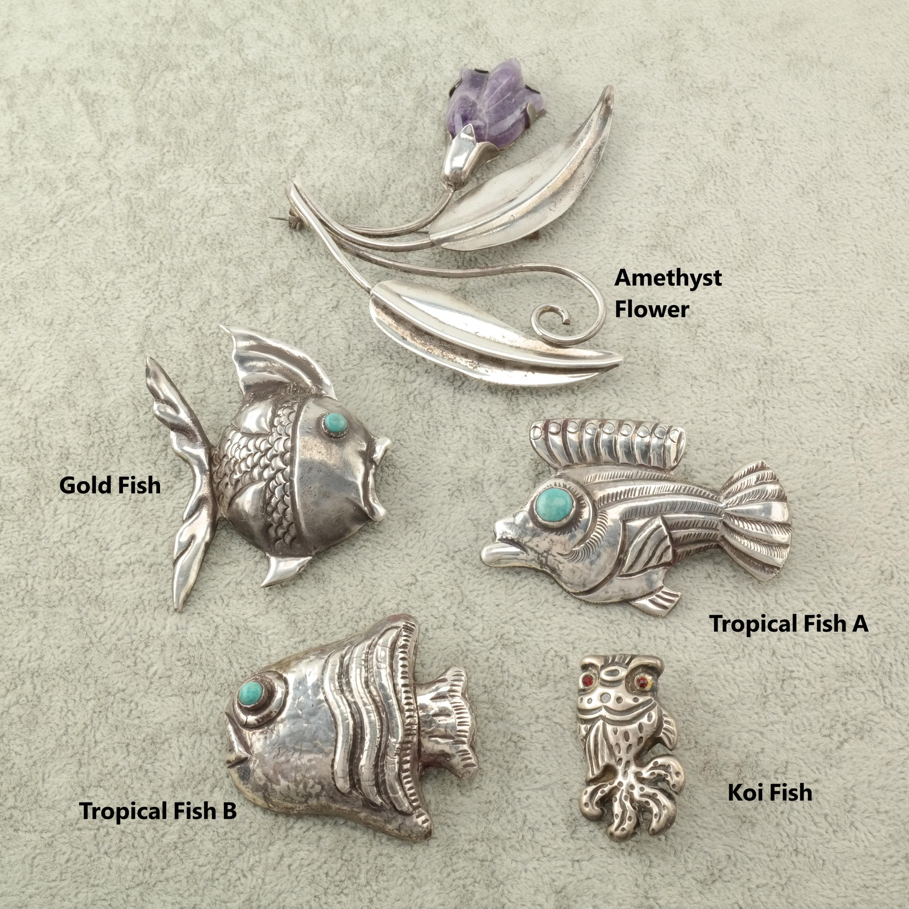 Choice Taxco Pre Eagle Sterling Silver Brooch Fish Flower Amethyst