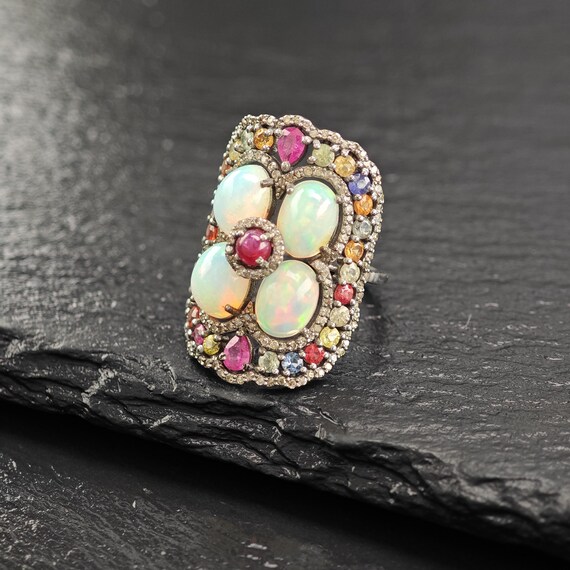 Oxidized Sterling Silver Ring with Ruby, Opal, Di… - image 5