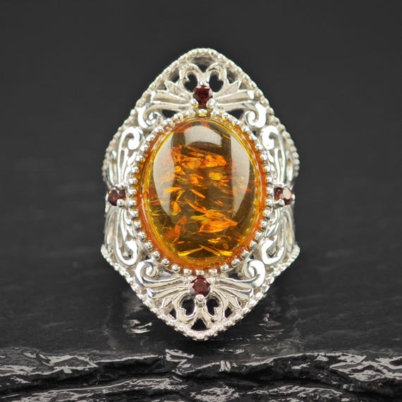 BBJ Amber, Ruby Ring Sterling Silver Filigree Sz … - image 5