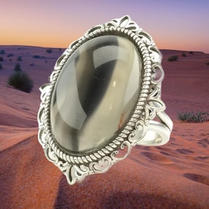 Vintage Sterling Silver Ring Agate Black, White Size 7