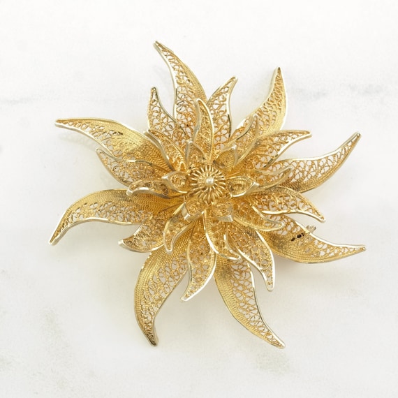 Silver Brooch Gold Tone Flower, Filigree Sterling - image 5