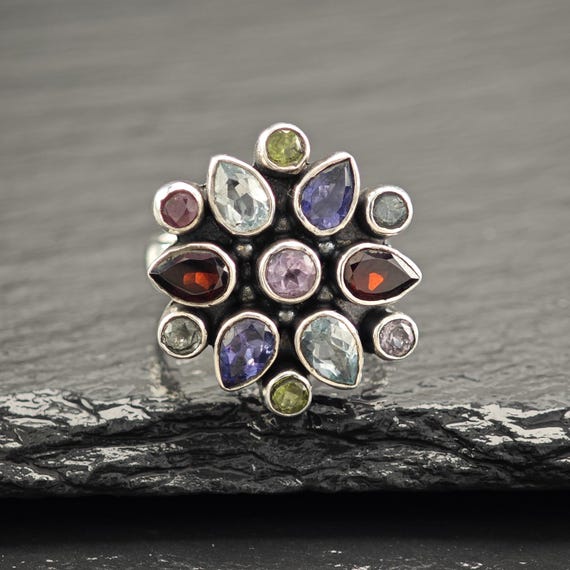 Sterling Silver Ring: Multi-Colored Gemstones - F… - image 3