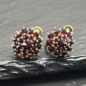 May include: A pair of stud earrings featuring a cluster of deep red, faceted garnet gemstones arranged in a circular floral pattern. Each stone is set in a gold-toned metal frame with small prongs securing the gems in a multi-layered design.