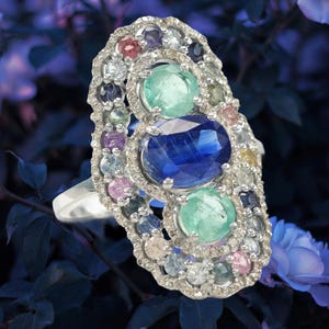 Emerald Diamond Sapphire Silver Ring Sterling Sz 7 1/4