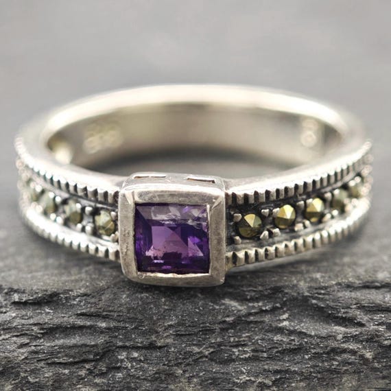 Vintage Stackable Silver Ring Amethyst Marcasite … - image 1