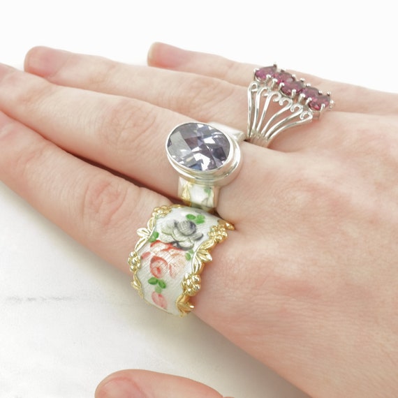 Vintage Sterling Silver Ring Enamel Floral, Rose … - image 2