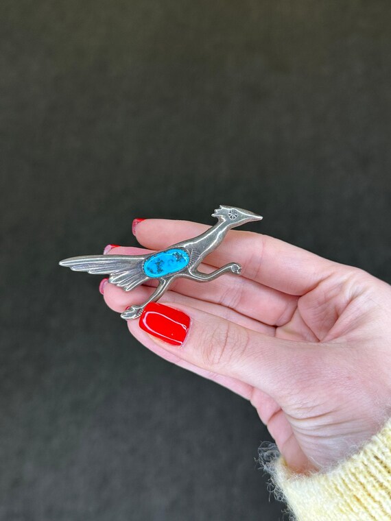 Turquoise Bird Silver Brooch - Native American St… - image 2