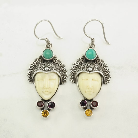 Sterling Silver Multi Stone, Carved Face Earrings… - image 3