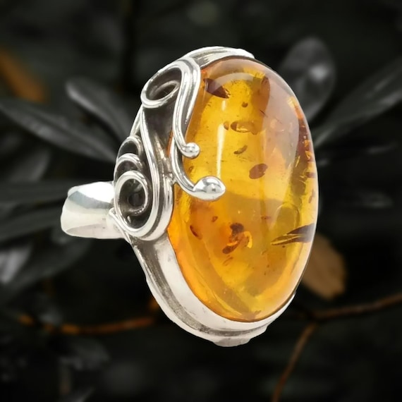 Amber Statement Ring: Sterling Silver Oval Swirl … - image 1