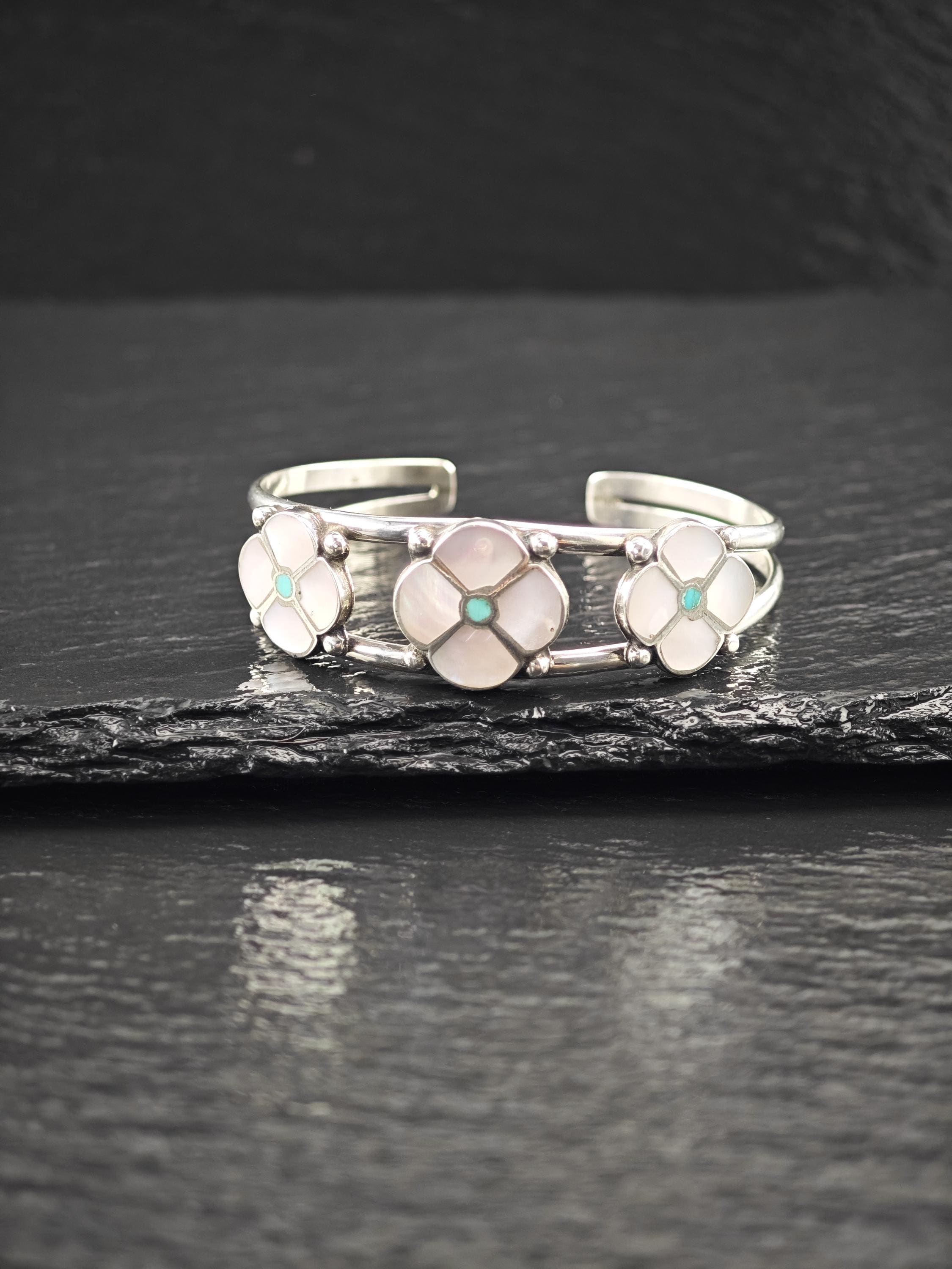 Sterling Silver Cuff Bracelet: Zuni Inlay With Mother of Pearl - 5