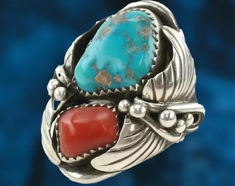 Navajo turkoois koraalblad sterlingzilveren ring, maat 7,95