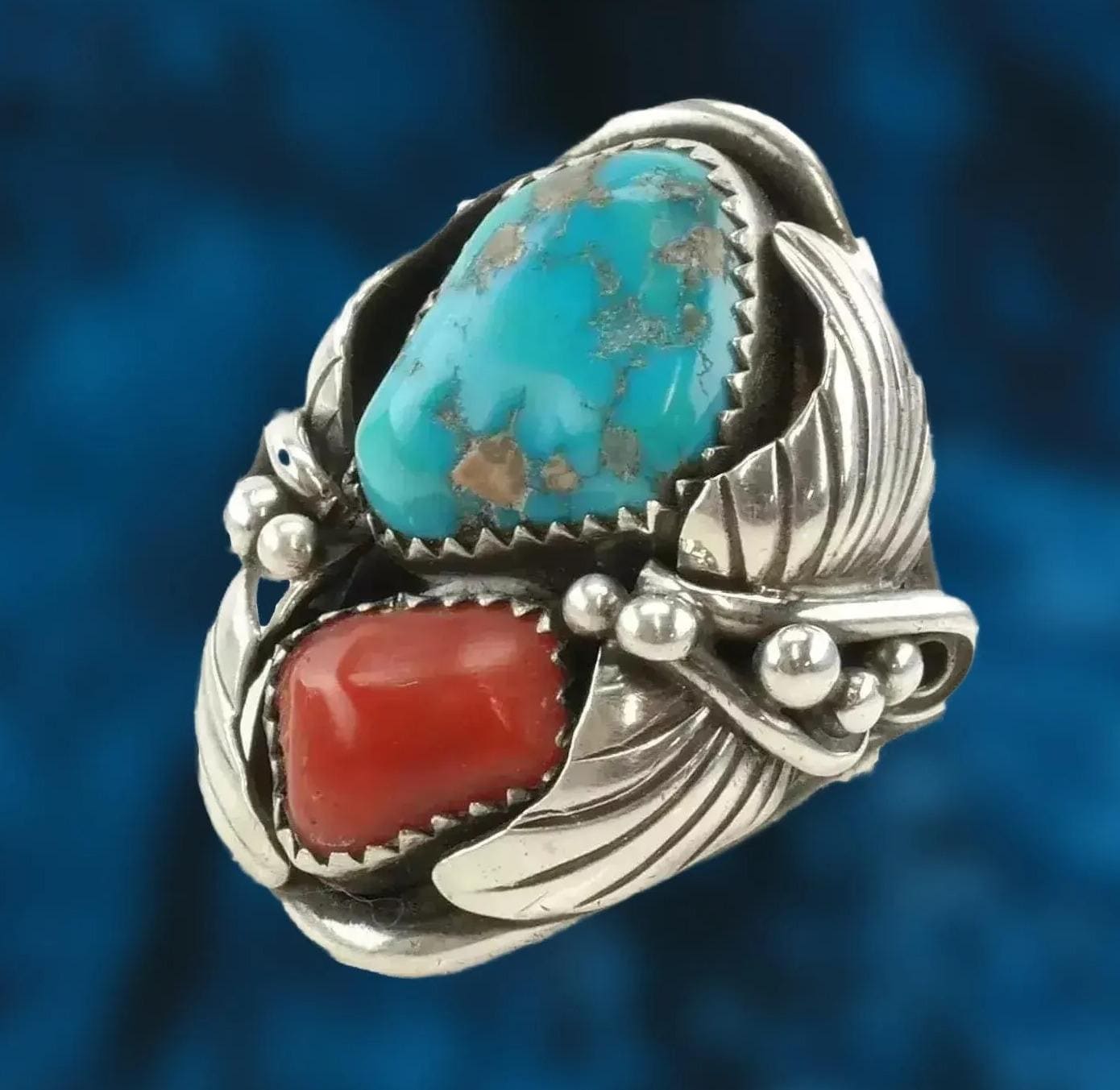 Navajo Turquoise Coral Leaf Sterling Silver Ring Sz 7 - Etsy