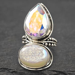 Sajen-regenboog, druzy-ring sterlingzilver