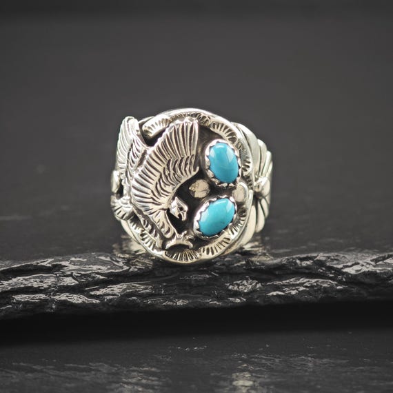 Native American Eagle Block Turquoise Ring Sterli… - image 5