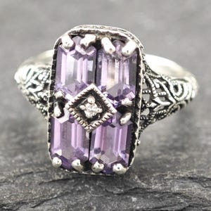 Art Deco Style Amethyst, Diamond Chip Ring Sterling Silver