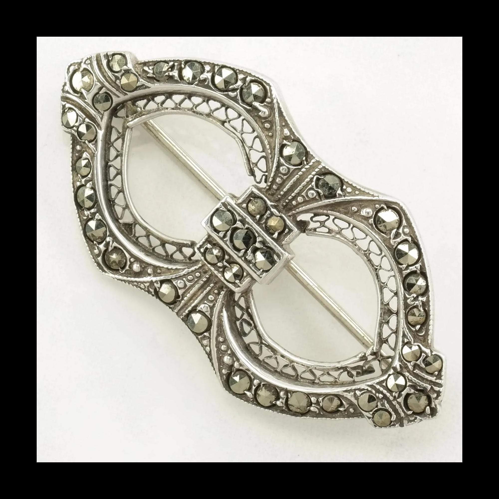 Broche Vintage Art Déco En Argent Massif Et Marcassite - Bijou Ancien, Occasion