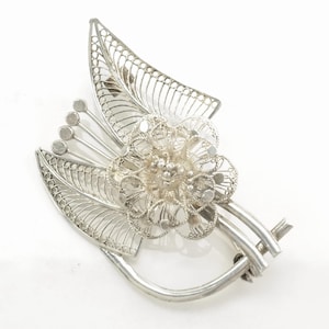 Silver Brooch Filigree Flower Sterling