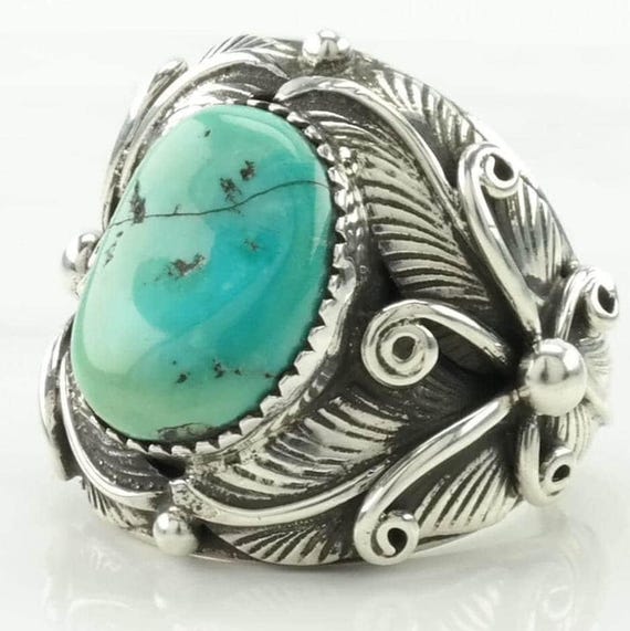 Silver Ring: Native American Turquoise Leaf (Size… - image 7