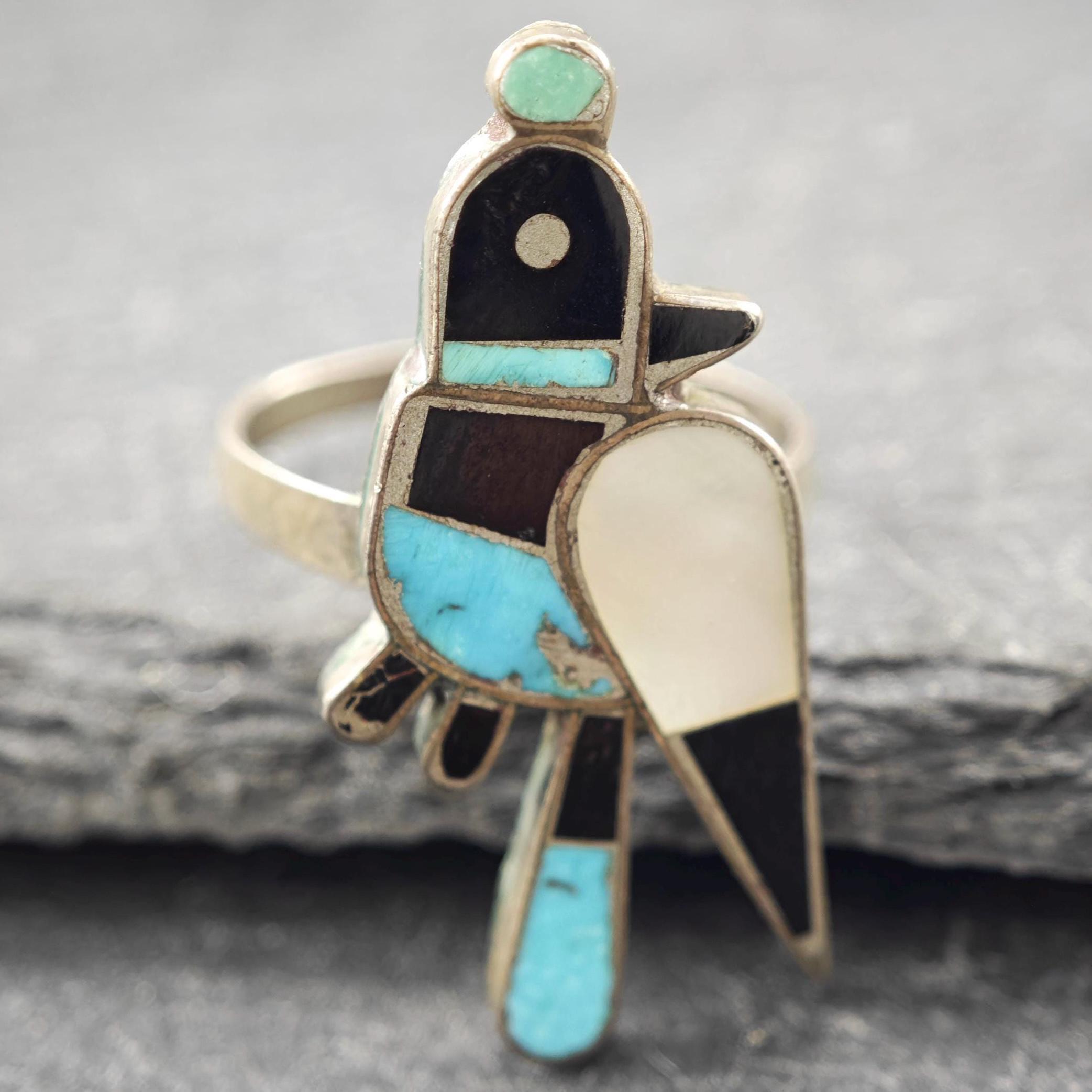 Native American Silver Ring Turquoise, Jet, MOP Inlay, Bluejay