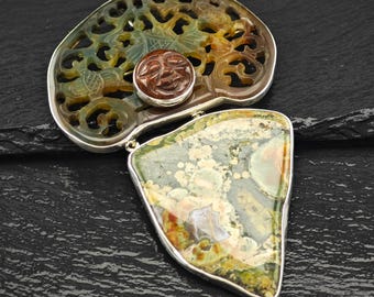 Vintage AKR Sterling Silber Brosche Anhänger geschnitzte mehrfarbige Averturin, Jaspis