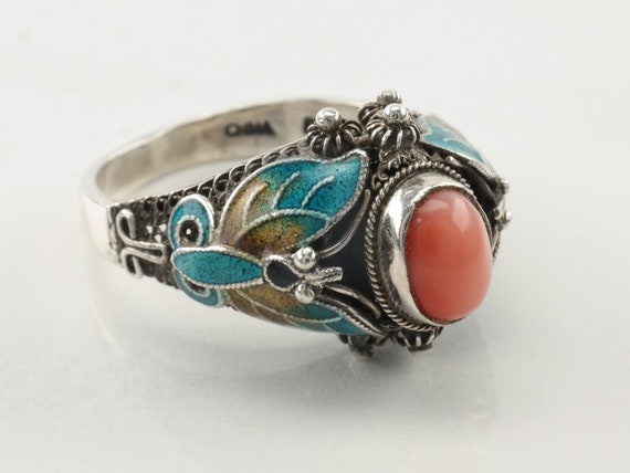Vintage Chinese Export Silver Ring Coral Enamel B… - image 1