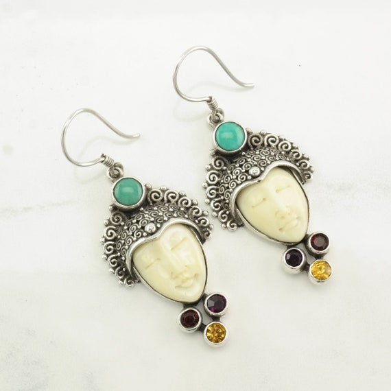 Sterling Silver Multi Stone, Carved Face Earrings… - image 2