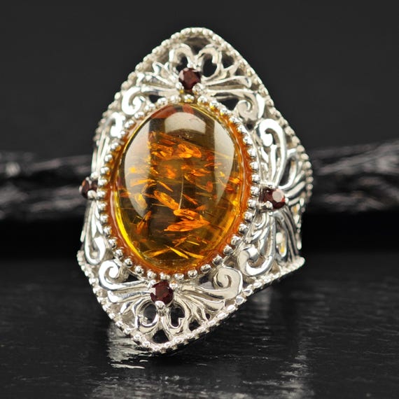 BBJ Amber, Ruby Ring Sterling Silver Filigree Sz … - image 3