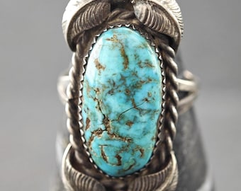 Vintage Dendric Turquoise Ring Sterling Silver Size 7 1/4