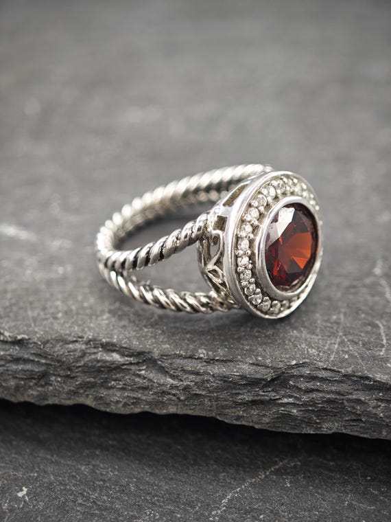 Sterling Silver Ring, Red CZ Stone Split (Size 6) - image 5