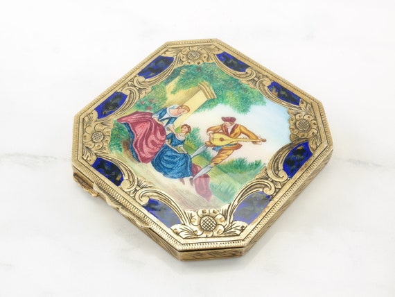 Vintage Enamel Scene Floral Ladies' Makeup Sterli… - image 4