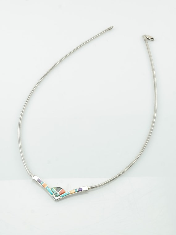 Vintage Sterling Silver Multicolor Inlay Necklace - image 5