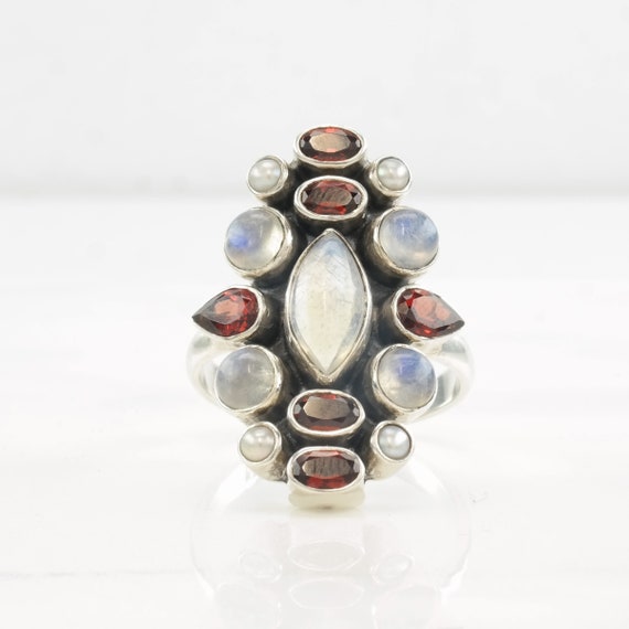 Vintage Nicky Butler Ring Moonstone, Garnet, Pear… - image 2
