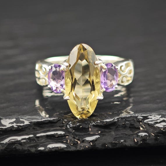 Sterling Silver Statement Ring: Amethyst & Citrin… - image 3
