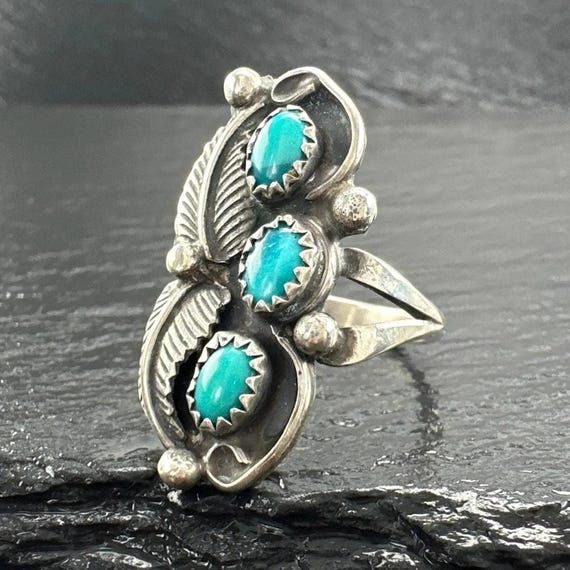 Native American Turquoise Ring - Silver Leaf Desi… - image 1