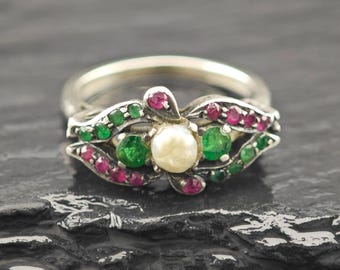 Antique Victorian Emerald Ruby Natural Pearl Ring Sterling Silver Size 6 3/4