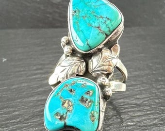 アクセサリー Native American Turquoise Sterling Ring Native American Two Stone Turquoise Feather Leaf Sterling Silver
