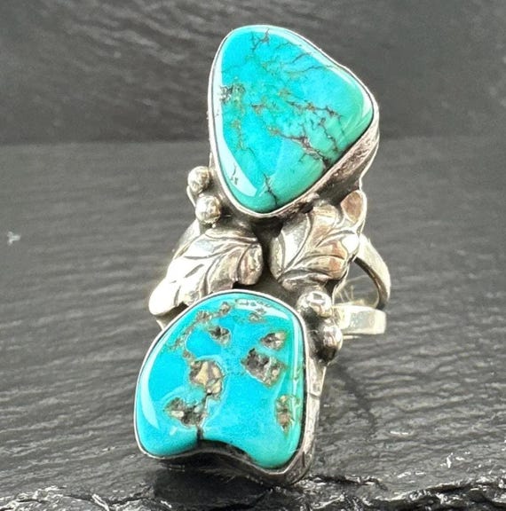Native American Two Stone Turquoise Feather Leaf Sterling Silver