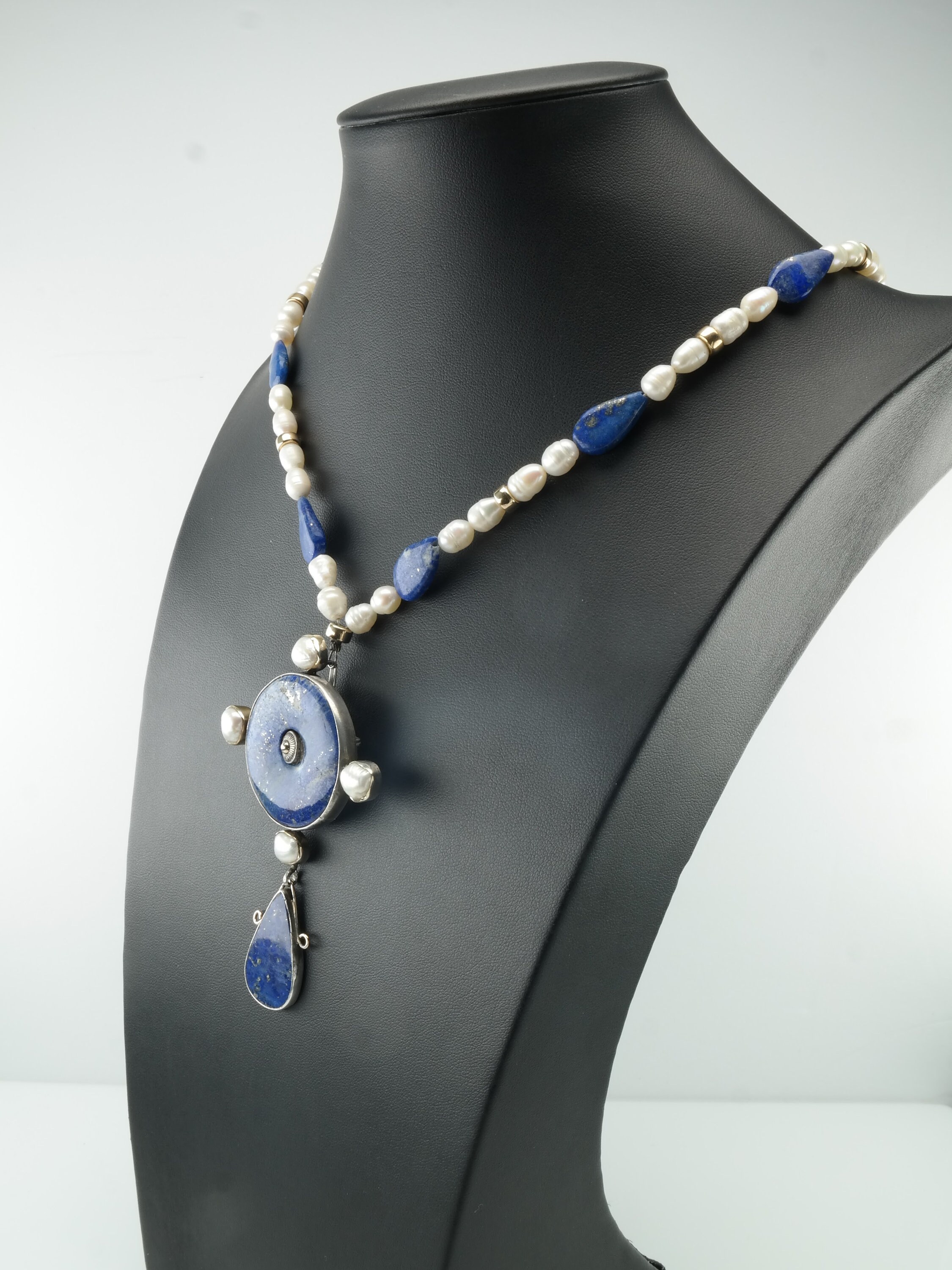 Collana Lunga 17 Pollici Con Perla Bianca E Lapislazzuli Blu Naturale, Rame