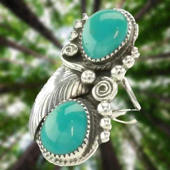 Native American Silver Ring Turquoise Leaf Sterli… - image 1