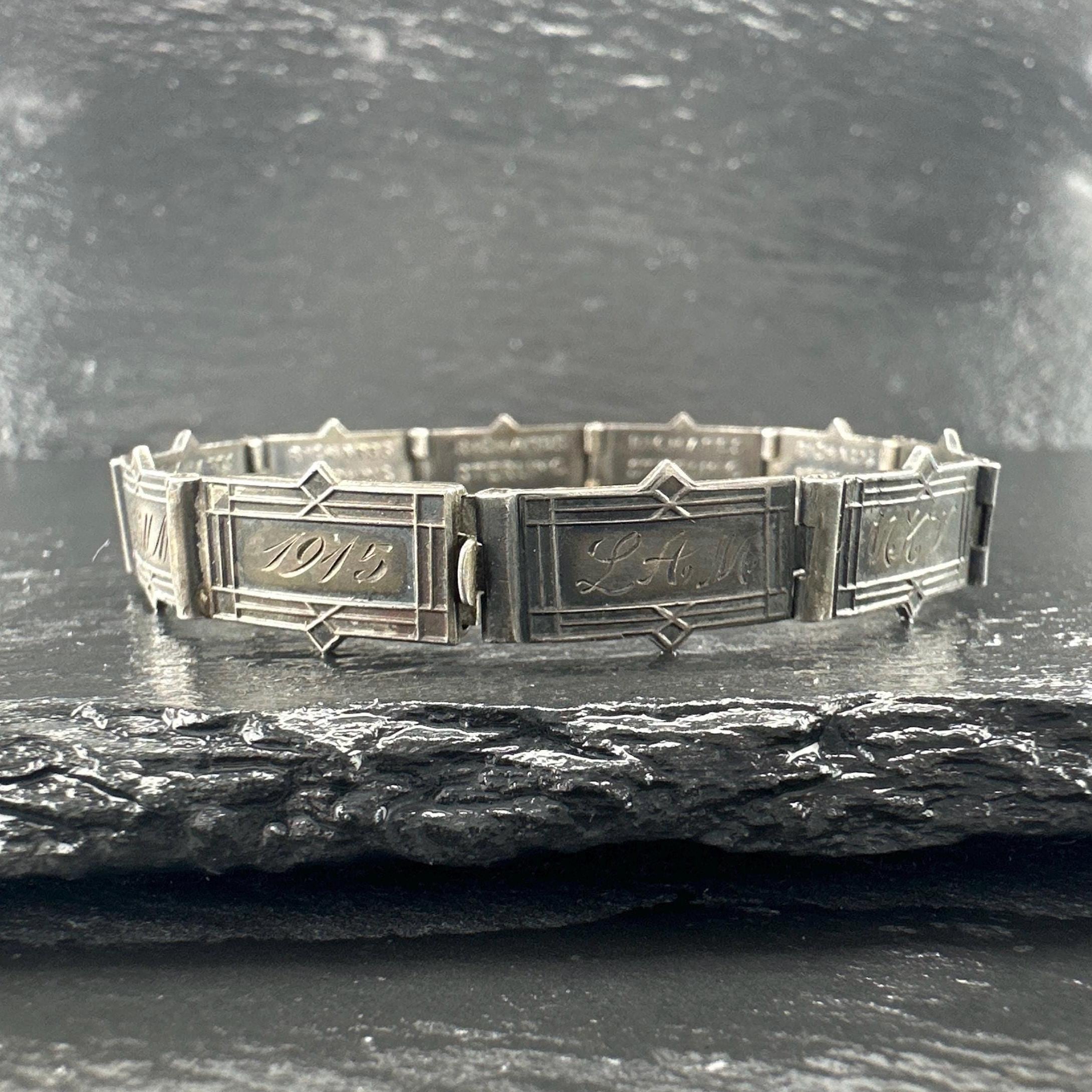 Antique 1915 Sterling Silver Line Bracelet Engraved, Initials