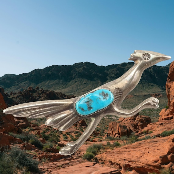 Turquoise Bird Silver Brooch - Native American St… - image 1