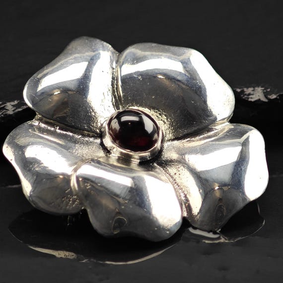 Garnet Pansy Flower Brooch Sterling Silver